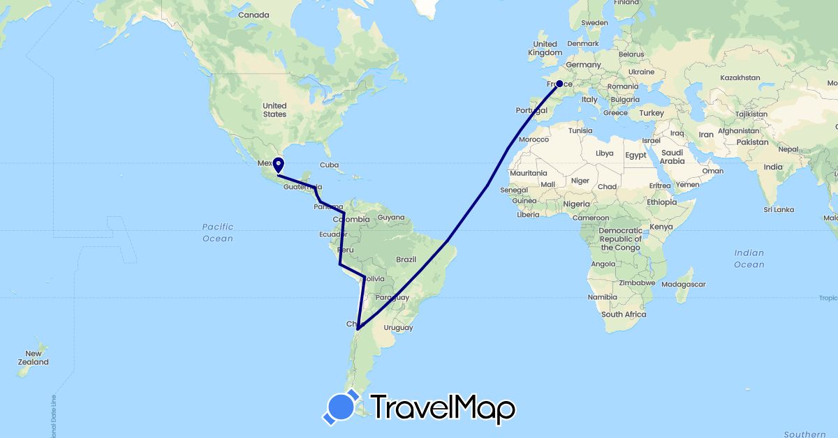 TravelMap itinerary: driving in Bolivia, Brazil, Chile, Colombia, Costa Rica, Cape Verde, Spain, France, Honduras, Mexico, Nicaragua, Peru (Africa, Europe, North America, South America)